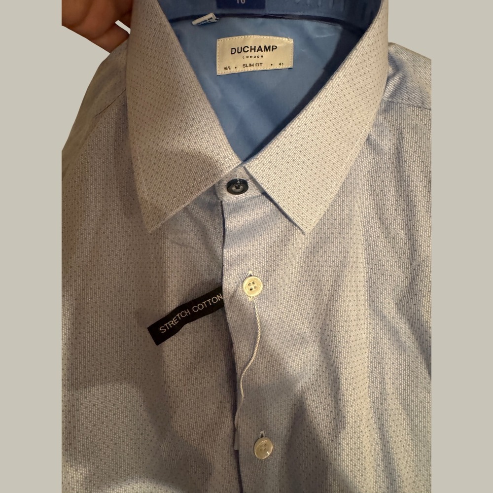 Duchamp London Mens Slim Fit Dress Shirt Light Blue Stretch Cotton Size 16 L